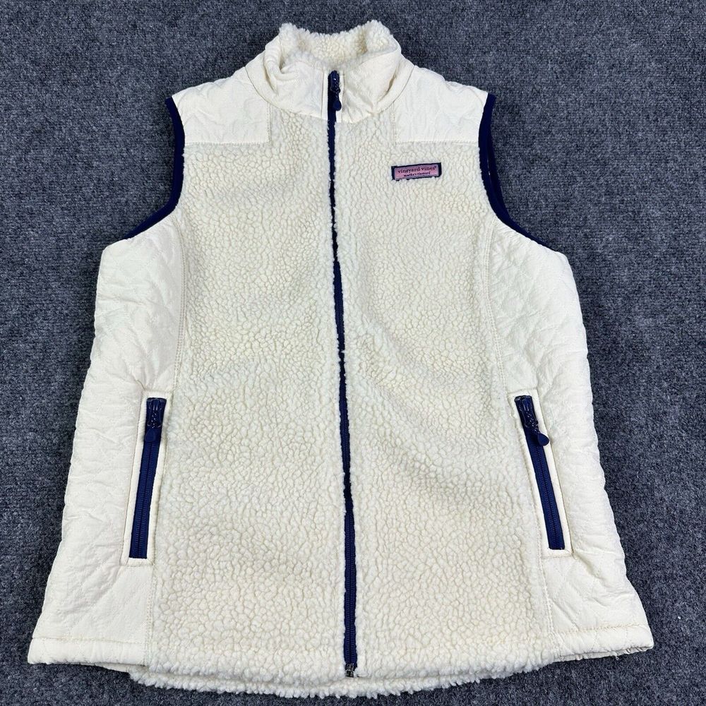 Vineyard Vine Vest Womens XS Ivory Blue Quilted‎ Deep Pile Sherpa Casual Outdoor
